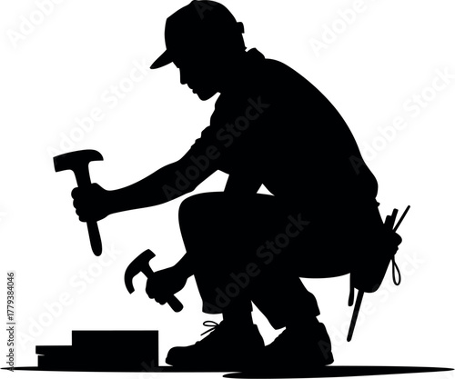 Black silhouette carpenter working with hammers worker