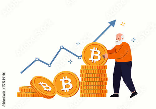 Senior man stacking Bitcoin coins with upward trend line in the background.