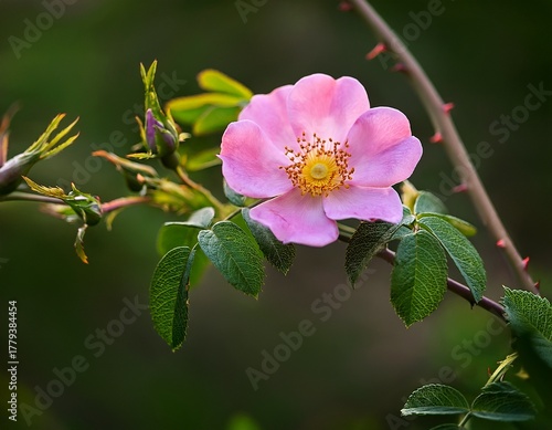 delicate pink sweet brier rose blooming on a thorny branch rosa rubiginosa medicine thorns