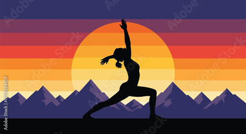 Silhouette of woman in warrior yoga pose against a vibrant sunset landscape
