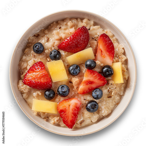 Healthy Breakfast Bowl With Strawberries, Banana Slices, and Crunchy Toppings...