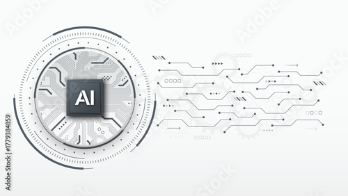 AI Chip with circuit board on a futuristic HUD frame. Machine learning and automation concept. Artificial intelligence tech background. Smart tech and algorithm. Vector illustration
