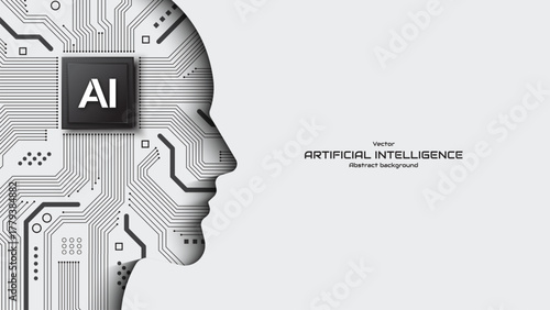 Human head in the form of a circuit board background. AI Chip with circuit board and electronic elements. Machine learning and automation concept. Futuristic tech background. Vector illustration.