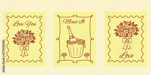 Hand drawn chalk wedding posters. Vintage frames with ribbon, bow. Coquette aesthetics elements for wedding invitations, menu and party. Ink doodle sketch style Minimalist coquette vector borders