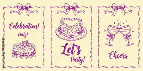 Hand drawn chalk wedding posters. Vintage frames with ribbon, bow. Coquette aesthetics elements for wedding invitations, menu and party. Ink doodle sketch style Minimalist coquette vector borders