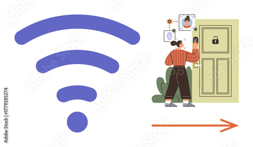 Large wireless signal next to a woman unlocking a smart door using facial recognition technology. Ideal for smart home tech, IoT, security, innovation, convenience, urban lifestyle, automation