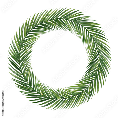 Elegant Circular Arrangement of Green Palm Leaves on a White Background