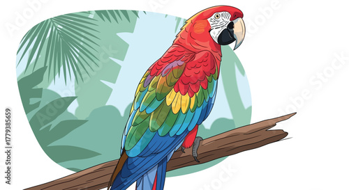Colorful macaw parrot perched on a branch against a tropical jungle backdrop