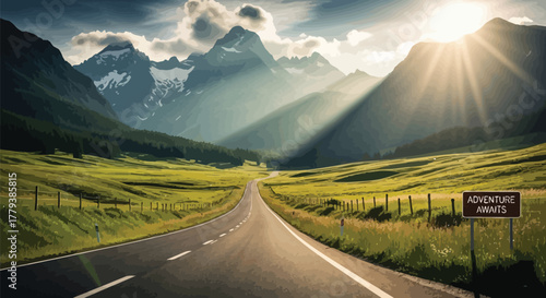 Scenic mountain road with an adventure awaits sign under a sunny sky view