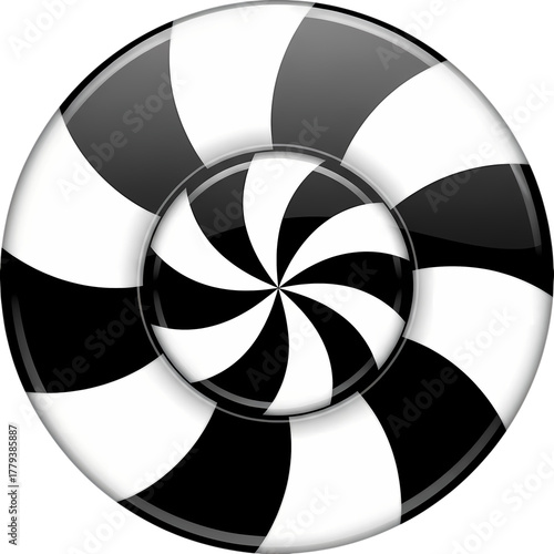 Captivating black and white spiral candy design with glossy finish, perfect for playful branding and vibrant visual appeal.