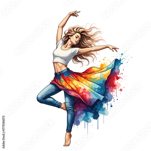 Cartoon Girl Rainbow Hair Pants Dance Splatter Art