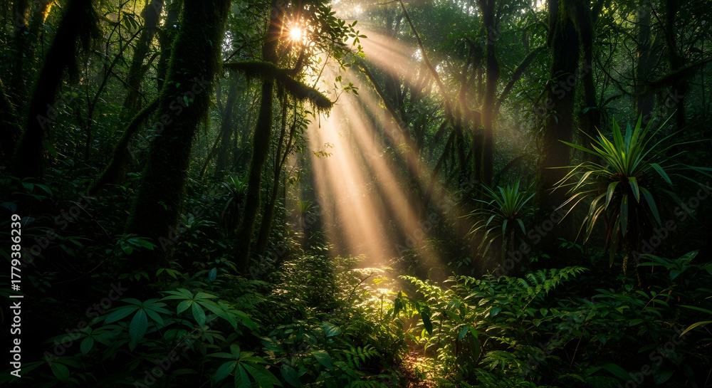 Obraz premium Sunlight Filtering Through Lush Green Forest Canopy, Tropical Scene
