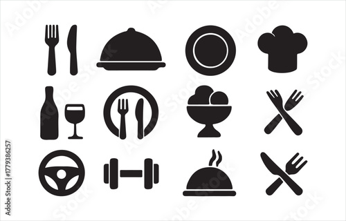 Collection of food, dining, fitness, and transport black icons isolated on white background