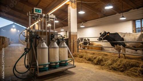 Milking machine in operation next to cows inside a barn
