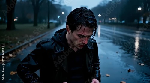 Young man in a dark raincoat stands alone on a deserted street, rain-soaked and contemplative, as the camera slowly zooms in, capturing the emotional intensity of the moment