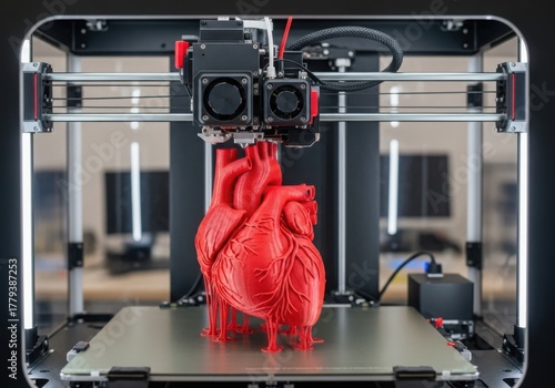 Closeup of a red 3d printed heart being created by a 3d printer