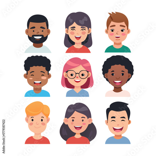 Portraits and avatars of people, male and female expressing emotions. Laughter and joy, smile and calmness. Diversity of personages, multiethnic society. Cartoon characters, vector in flat ... See Mor