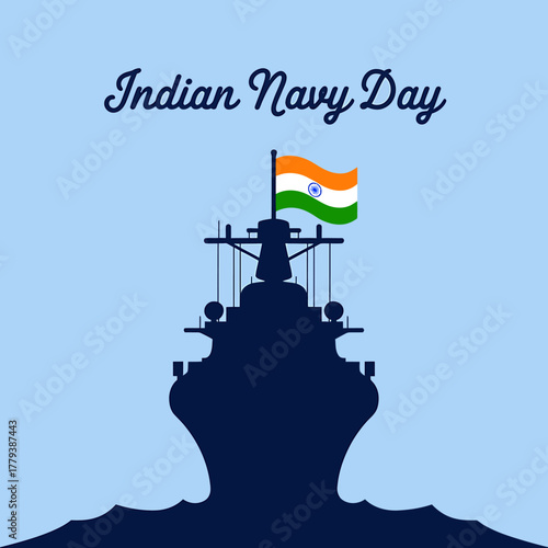 Indian navy day celebrated with a silhouette of a naval ship flying the indian flag against a clear blue sky