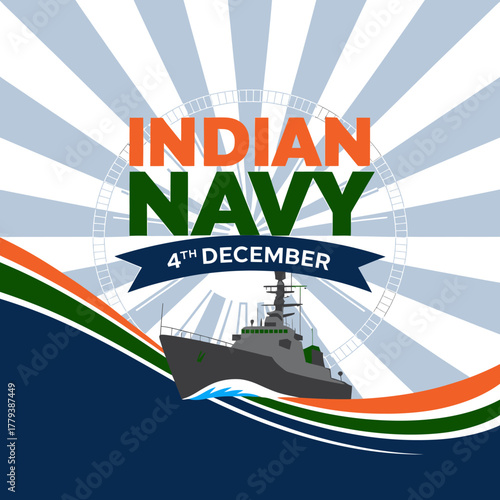Indian navy day on december 4th, featuring a naval ship with the indian flag colors and radiating background