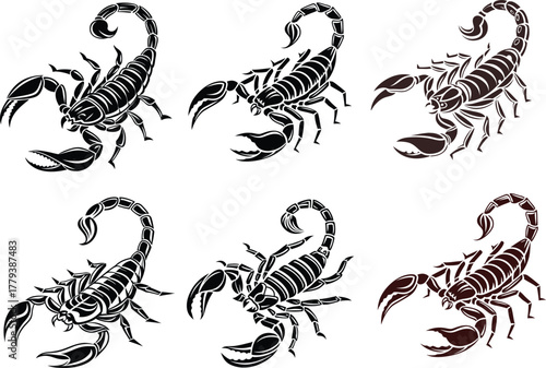 Collection of six detailed scorpion silhouettes