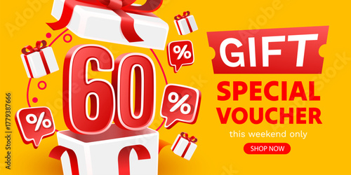 Vibrant 60 discount promotion with gift boxes and percentage bubbles. A special voucher offer for online shopping.
