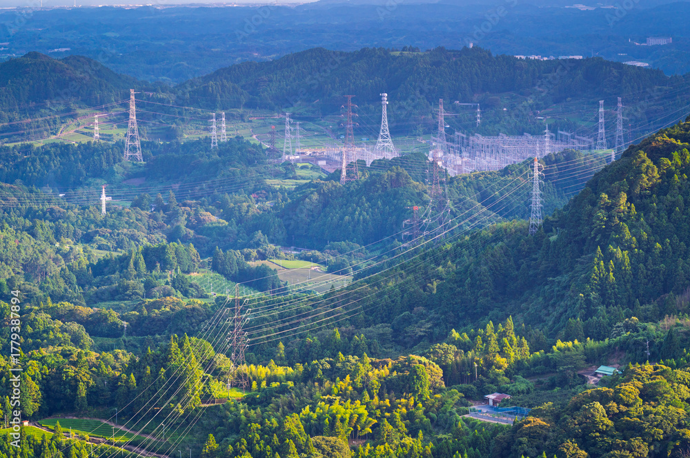 Fototapeta premium Row of green tea in tea farm plantation and mountain landscape of aerial view, Higashiyama, Shimada City, Shizuoka, Japan