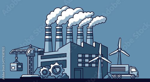 Manufacturing complex illustration smokestacks crane delivery truck and renewable energy wind turbines