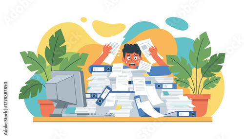 Burnout Man overwhelmed by paperwork deadlines and office stress