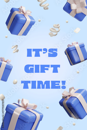 Three-dimensional illustration with floating blue gift boxes and white ribbons on a light background. Modern 3D vector poster for celebration, holiday sale, or festive promotion design.