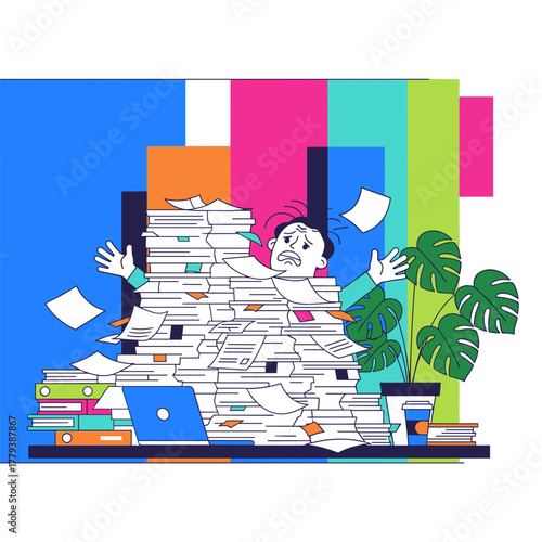 Stressed worker drowning in a massive stack of papers and bureaucracy at the office desk