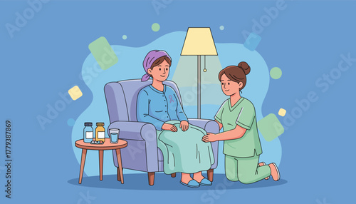 Nurse cares for a patient with cancer offering support and compassion during home recovery
