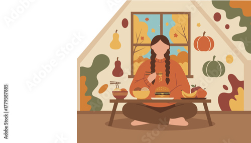 Cozy autumn meal indoors Woman eating ramen and burger in a warm attic apartment