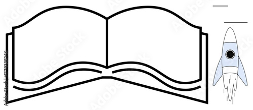 Open book with a rocket launching upward, symbolizing learning, creativity, and progress. Ideal for education, innovation, startups, strategies knowledge growth and imagination. Simple flat