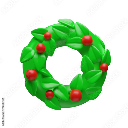 3D Christmas wreath icon with green leaves and red berries. Minimalist holiday decoration isolated on a white background. Modern festive symbol for winter celebration