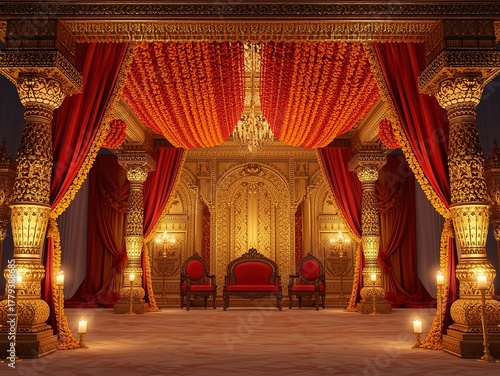 Experience opulent ambiance in this stunning Indian wedding stage setting with red drapes, marigolds, and ornate gold details for unforgettable celebrations