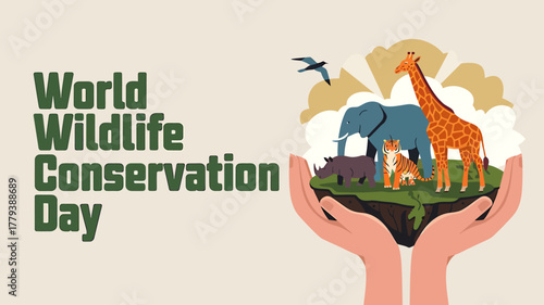 World wildlife conservation day celebrated with diverse animals held in hands, symbolizing protection and care for endangered species