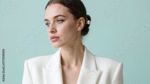 Minimalist portrait of a young woman in a white blazer with neat slicked-back hair in a bun, decorated with a large pearl hairpin, light blue background, business style.