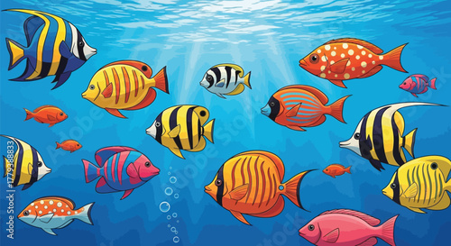 Colorful tropical fish swimming in the ocean with sunlight shining through the water