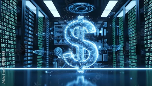 A glowing blue digital dollar sign symbol floats inside a futuristic data center representing fintech
