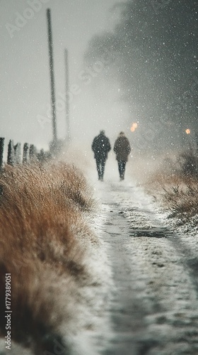 Two people walking together on snowy rural path during winter snowfall, emotional atmosphere and cold weather scene, generative ai