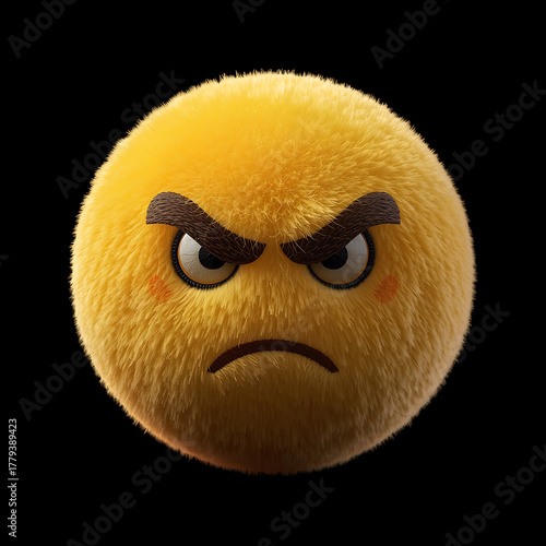 Ultra realistic 8K 3D render depicting a plush emoji characterized by soft yellow fur, a half-smirk expression, and confident eyes.