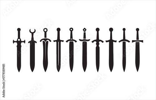 Collection of nine fantasy medieval sword icon silhouettes vector isolated on white background