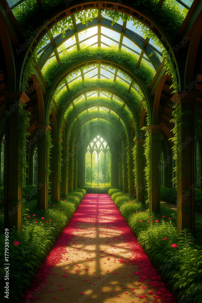 Obraz premium Emerald Cathedral of Petals: Where Sunlight Writes Love Letters on a Rose-Paved Aisle