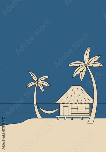 A minimalist illustration of a tropical beach with a hut, palm trees, and a hammock by the ocean under a blue sky.
