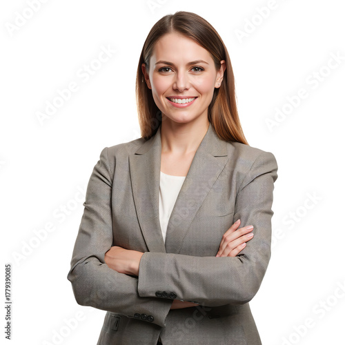 Business Professional Posing Confidently in Gray Suit With Arms Crossed