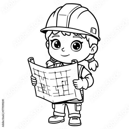 
cartoon girl in hard hat with blueprint line art for future professions blogs, engineering education materials, coloring books, or construction website icons and presentation slides
