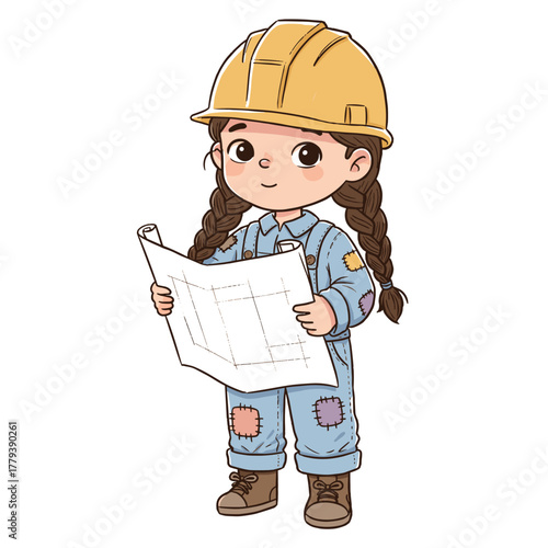 Young girl wearing hard hat and holding blueprint in overalls  