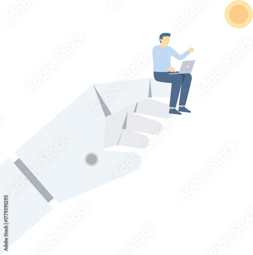 Businessmen standing on the mechanical arm and looking to the distance

