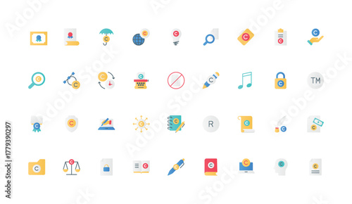 Intellectual property, patent and copyright, license for intangible assets color icon set. Original brand name and authors software, creative idea, content document flat elements vector illustration