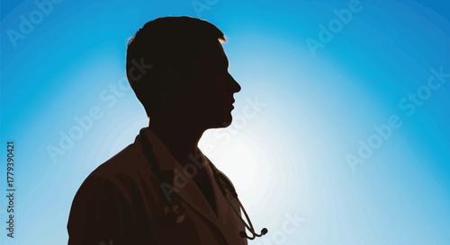 Silhouette of a doctor against a bright blue sky looking towards the future